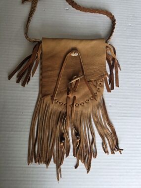Handmade Leather Fringe Crossbody Pouch Bag Boho Braided Strap Beaded Details